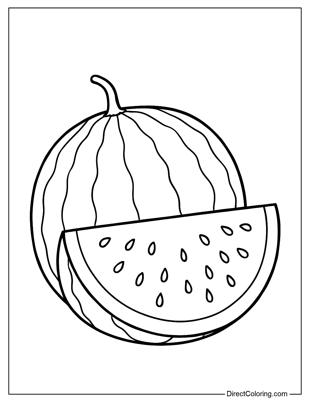A Watermelon Coloring Page that has been cut in half, revealing the red flesh inside.